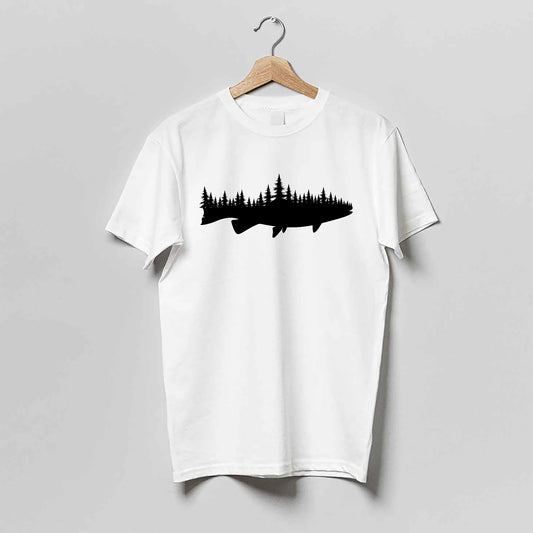 Outdoor Nature Shirt – Fish and Forest – Vintage Wilderness Hiking Tee – White – Up To 5XL
