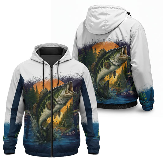 Largemouth Bass Windbreaker Jacket – Sunrise Fishing Edition | Lightweight Hooded Fishing Jacket for Men