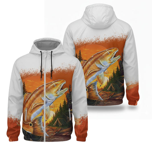 Redfish Sunset Lightweight Windbreaker Jacket – Saltwater Fishing Hoodie for Anglers