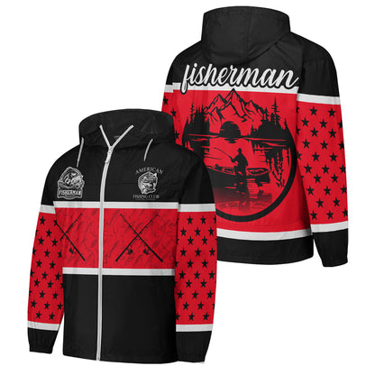 American Fishing Club Windbreaker Jacket – Red & Black Fisherman Edition | Lightweight Hooded Outdoor Jacket for Men