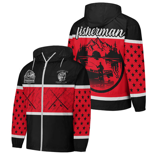 American Fishing Club Windbreaker Jacket – Red & Black Fisherman Edition | Lightweight Hooded Outdoor Jacket for Men