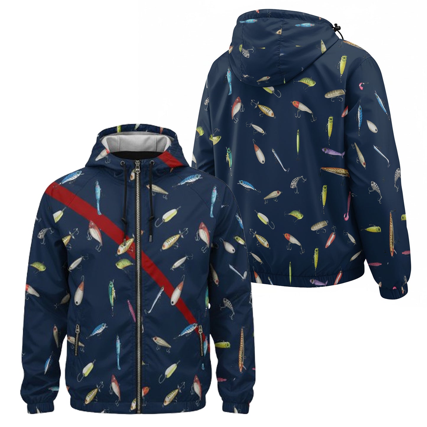 Navy Fishing Lure Windbreaker Jacket – Lightweight Hooded Outdoor Jacket for Men