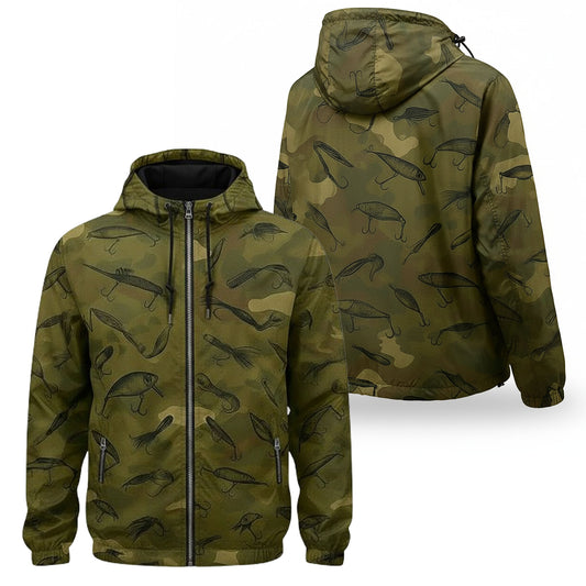 Camouflage Fishing Lure Windbreaker Jacket – Lightweight Hooded Outdoor Jacket for Men