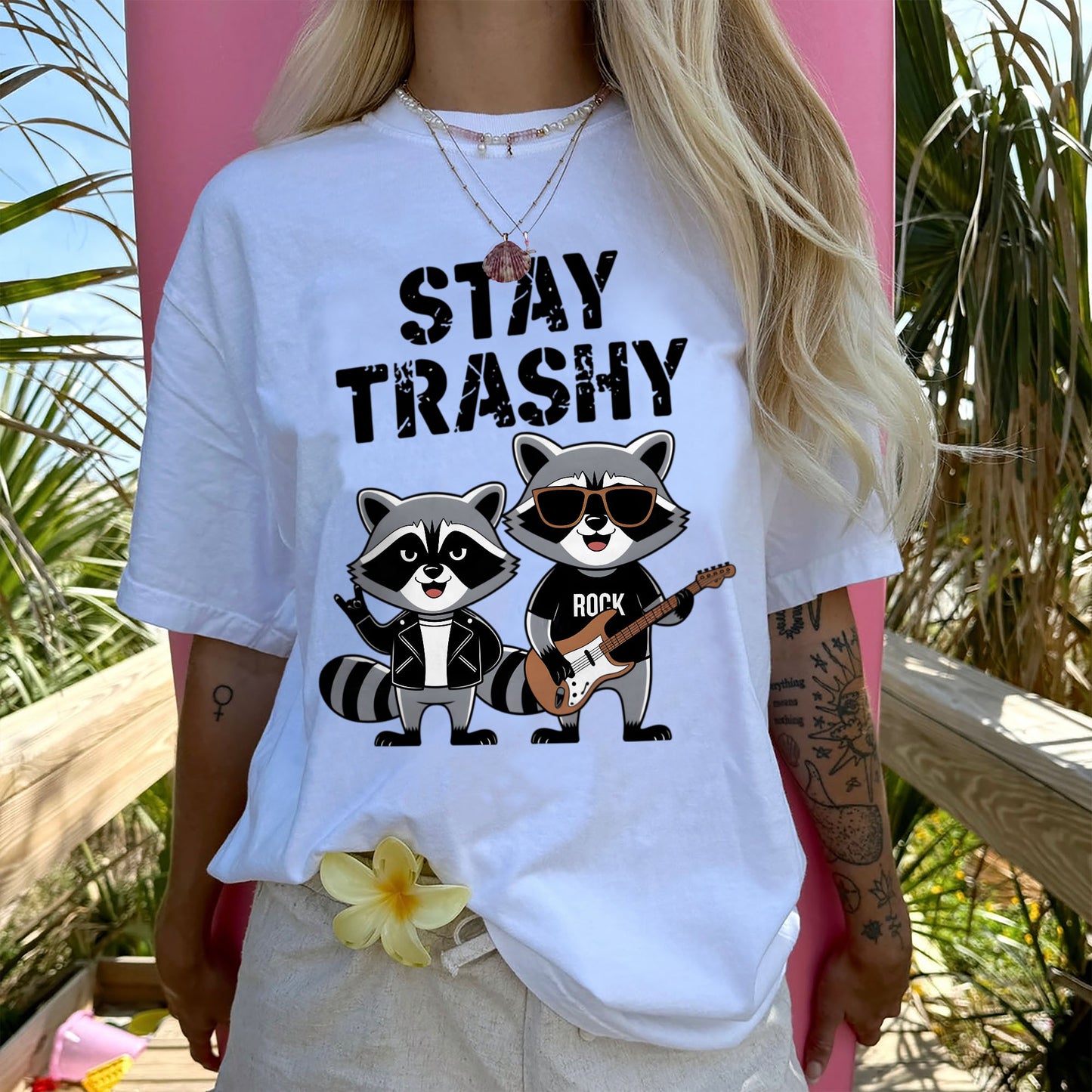 Funny Raccoon Shirt – Stay Trashy Rock Band Tee – Animal Humor Shirt - White - Up To 5XL