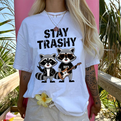 Funny Raccoon Shirt – Stay Trashy Rock Band Tee – Animal Humor Shirt - White - Up To 5XL