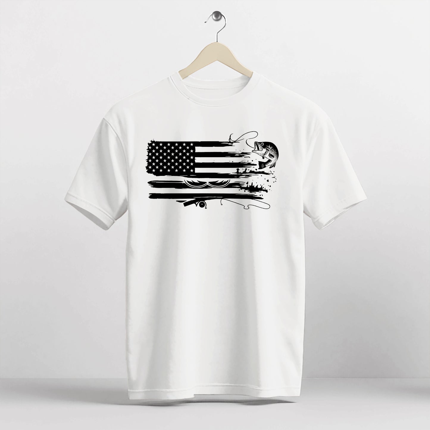 American Fishing Shirt – USA Flag Bass Angler Tee – Patriotic Fishing Gift – White – Up To 5XL