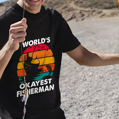 Retro Fishing Shirt – World's Okayest Fisherman Vintage Tee – Funny Angler Graphic Shirt – Black – Up To 5XL