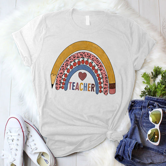Teacher Rainbow T-Shirt - Funny Shirt For Teacher - White- Up To 5XL