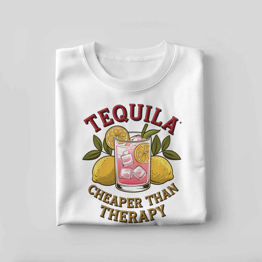 Funny Drinking Shirt – Tequila Cheaper Than Therapy – Alcohol Quote Tee – White – Up To 5XL