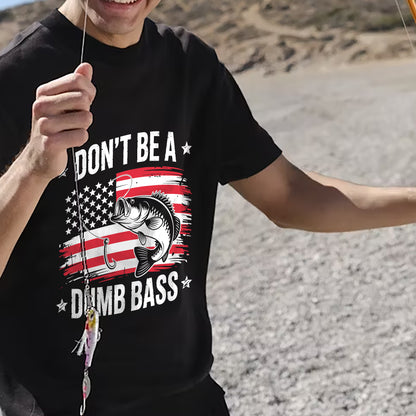 Funny Fishing Shirt – Don’t Be a Dumb Bass Patriotic Angler Tee – USA Flag Graphic – Black – Up To 5XL