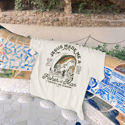 Christian Fishing Shirt – Jesus Made Me a Fisher of Men I Catch He Cleans – Based Faith Tee – Natural – Up To 5XL