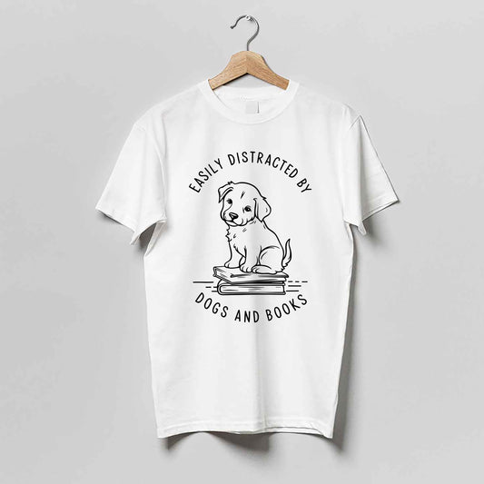 Funny Bookish Dog Lover Tee – Easily Distracted By Dogs And Books Shirt  – White – Up To 5XL