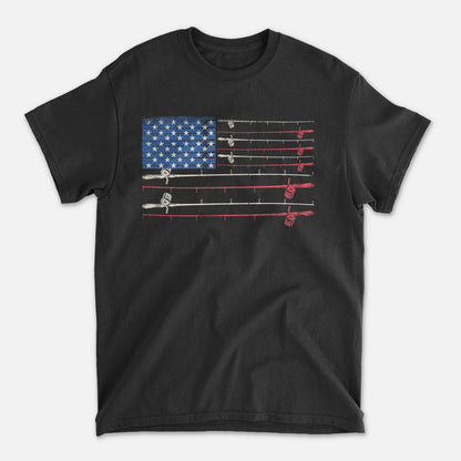 Patriotic Fishing Shirt – Fishing Rods American Flag Tee – USA Angler Graphic – Black – Up To 5XL