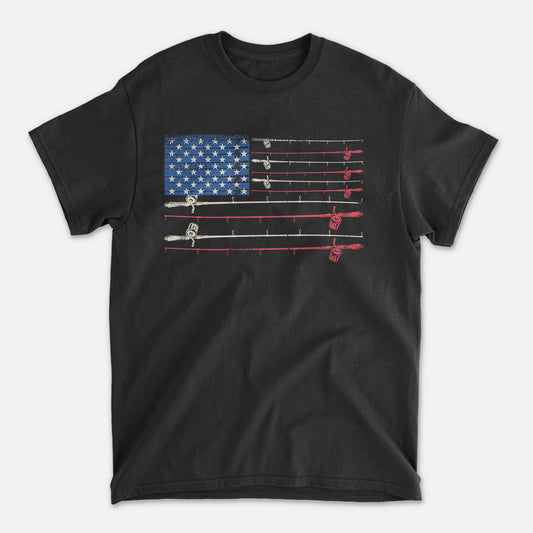 Patriotic Fishing Shirt – Fishing Rods American Flag Tee – USA Angler Graphic – Black – Up To 5XL