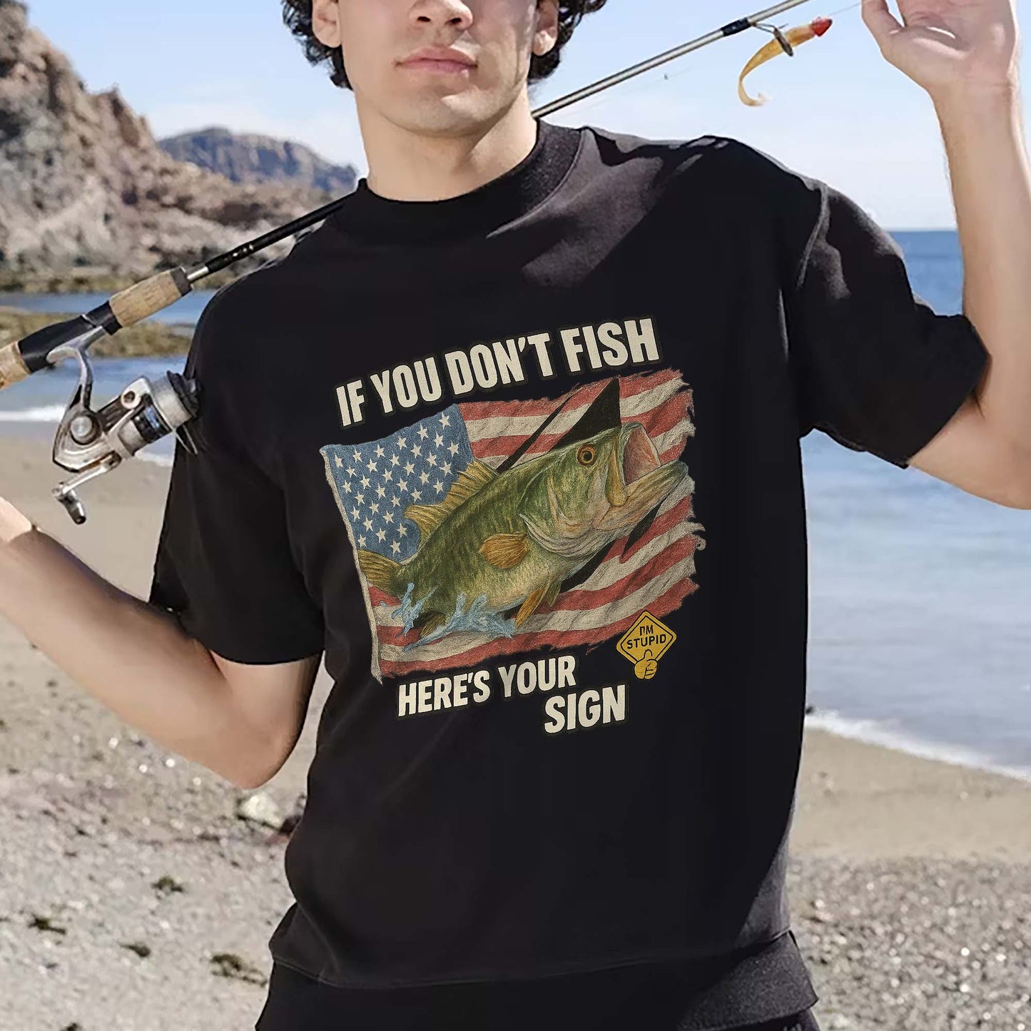 If You Don't Fish Here’s Your Sign Shirt – Bass Fish US Flag Tee – Funny Fishing Gift – Black – Up To 5XL