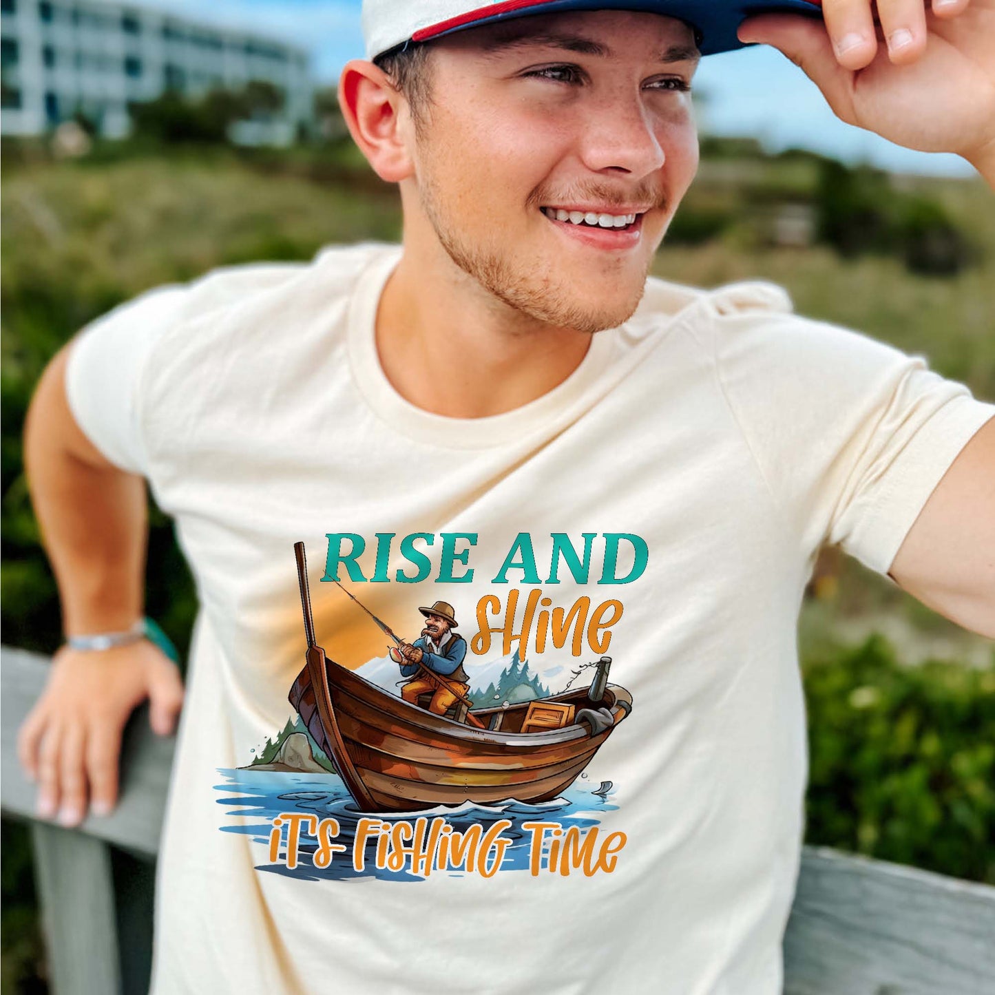 Funny Angler Graphic – Rise and Shine It’s Fishing Time Tee – Natural – Up To 5XL