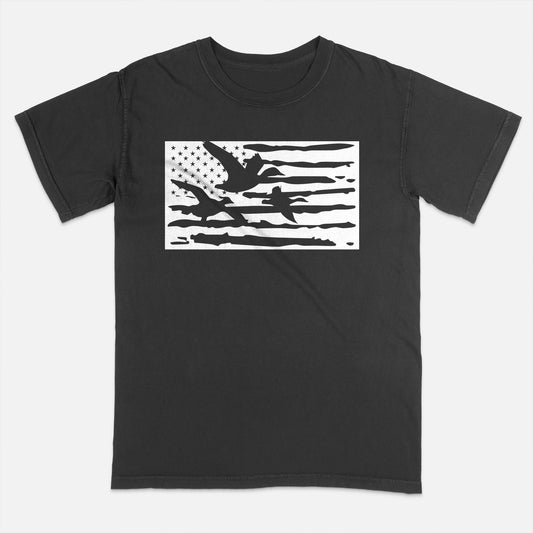 Patriotic Hunting Shirt – Duck Hunting with US Flag – American Outdoorsman Tee – Black – Up To 5XL