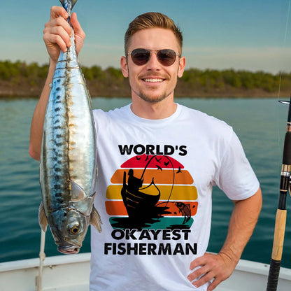 Retro Fishing Shirt – World's Okayest Fisherman Vintage Tee – Funny Angler Graphic – White – Up To 5XL