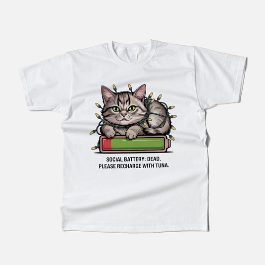 Funny Cat Shirt – Social Battery Dead Please Recharge with Tuna – Tired Meme Kitty Tee – White – Up To 5XL