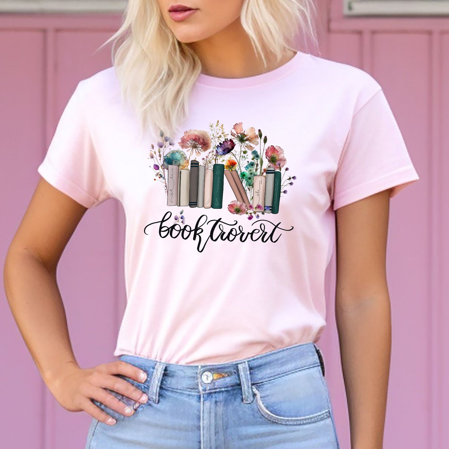 Introvert Floral Book Shirt – Booktrovert With Wildflowers Tee – Pink – Up To 5XL