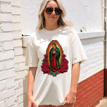 Catholic Faith Shirt – Virgen de Guadalupe – Traditional Religious Mary Tee – Natural – Up To 5XL