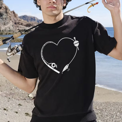Fishing Rod Heart Shirt – Romantic Angler Tee – Fishing Love Design for Couples – Black – Up To 5XL
