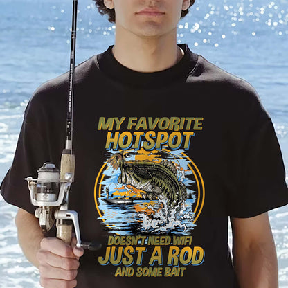 Fishing Humor Shirt – Favorite Hotspot No WiFi Rod and Bait Tee – Funny Fisherman Gift – Black – Up To 5XL