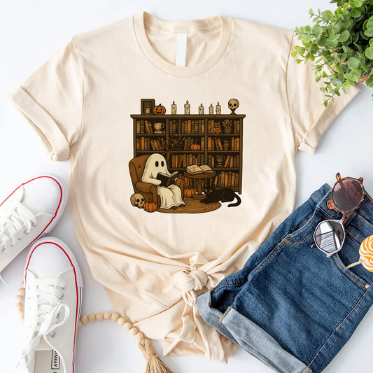 Cute Spooky Reader Tee – Ghost Book Halloween Shirt – Natural – Up To 5XL