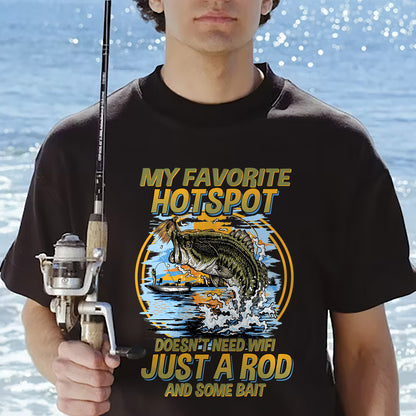 Fishing Humor Shirt – Favorite Hotspot No WiFi Rod and Bait Tee – Funny Fisherman Gift – Black – Up To 5XL