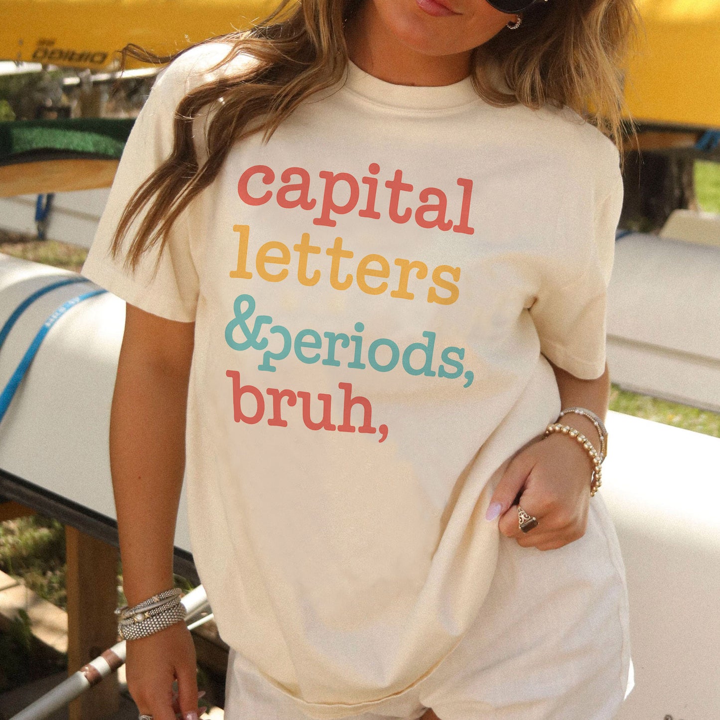 Capital Letters And Periods Bruh Shirt – Funny Teacher Grammar Gift Tee – Natural – Up To 5XL
