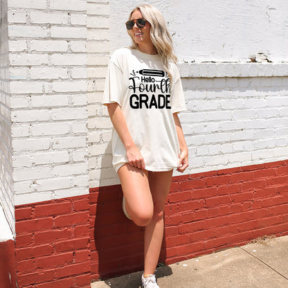 Hello Fourth Grade  – Cute Back to School Teacher & Student T-Shirt-  Funny Shirt For Teacher - Natural - Up To 5XL