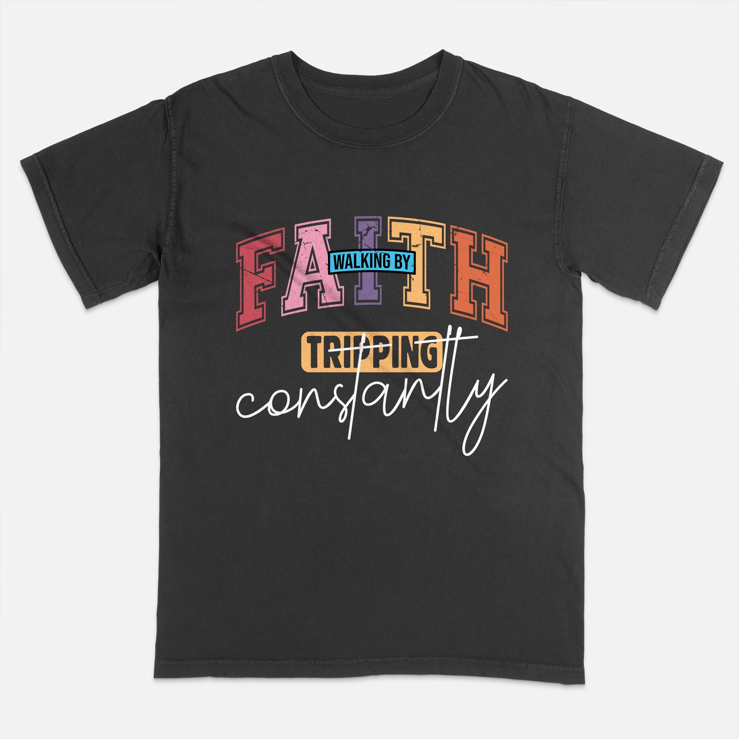 Christian Humor Shirt – Walking by Faith Tripping Constantly – Funny Faith-Based Tee – Black – Up To 5XL