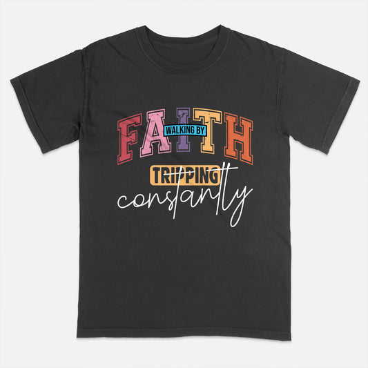 Christian Humor Shirt – Walking by Faith Tripping Constantly – Funny Faith-Based Tee – Black – Up To 5XL