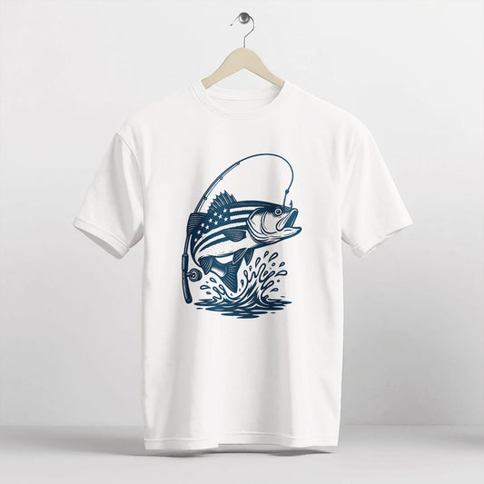 USA Flag Bass Fishing Shirt – Patriotic Angler Tee – American Flag Fisherman Graphic – White – Up To 5XL