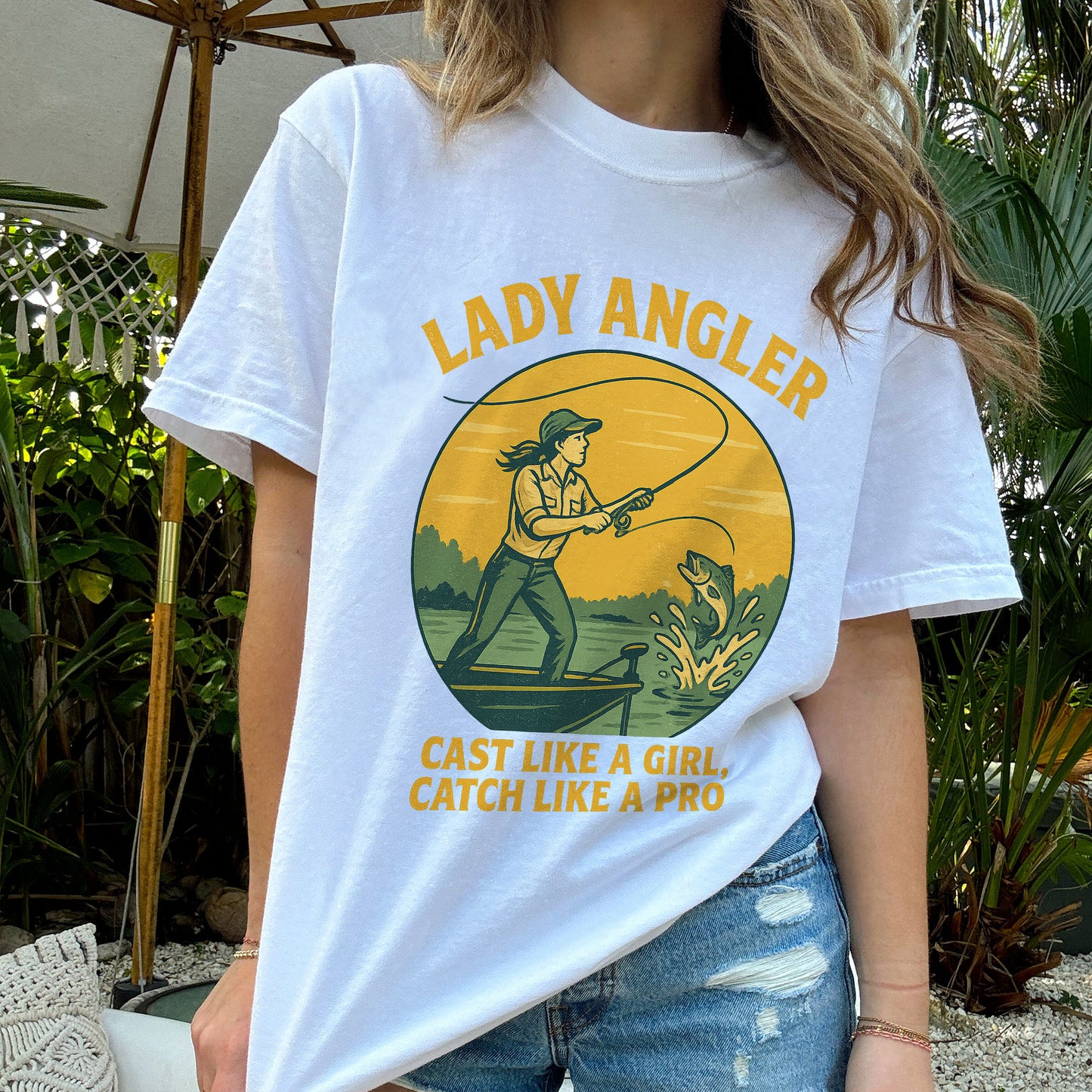 Lady Angler Cast Like A Girl Catch Like A Pro Shirt – Funny Fishing Tee For Woman – White – Up To 5XL