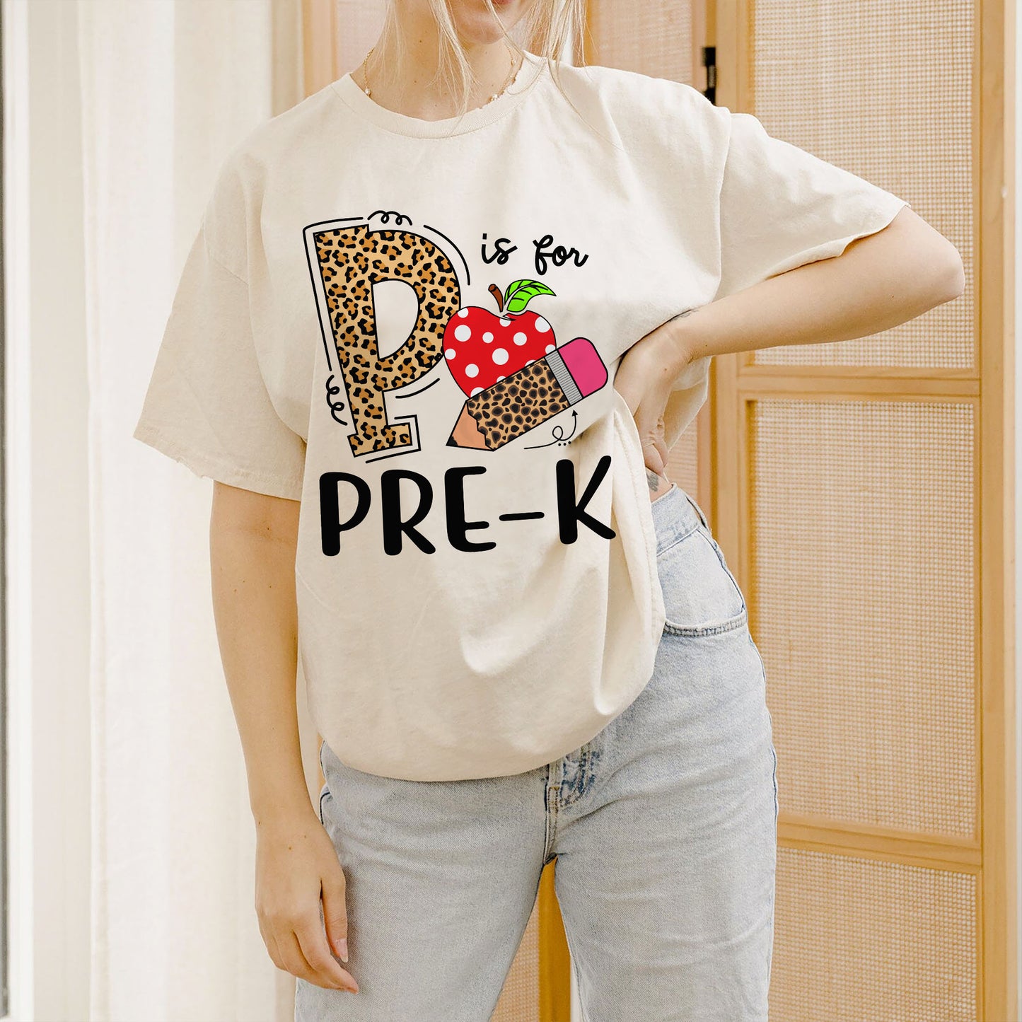 P is for Pre-K T-Shirt – Cute Preschool Teacher & Student Tee -  Funny Shirt For Teacher - Natural - Up To 5XL