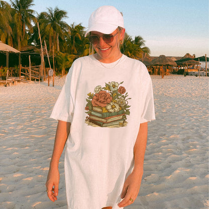 Aesthetic Bookish Tee - Cute Book Flowers Shirt – Book Lover Floral Gift – White – Up To 5XL