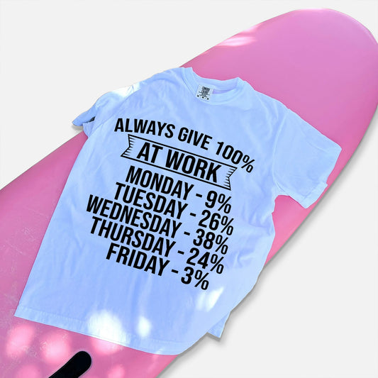 Funny Work Shirt – Always Give 100% at Work – Sarcastic Office Humor Tee - White - Up To 5XL