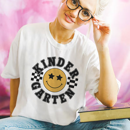 Kindergarten Smiley Face Shirt – Happy Back To School Tee – Cute Teacher Student Outfit – White – Up To 5XL