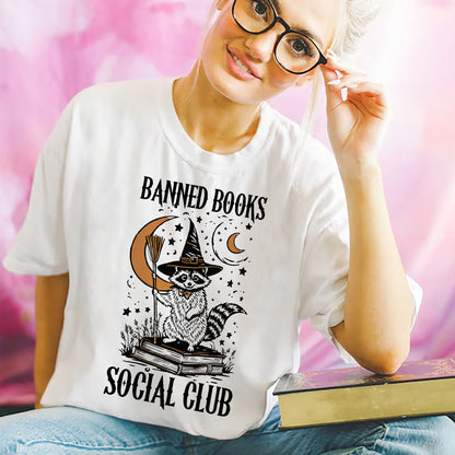 Raccoon Book Club Tee – Vintage Halloween Shirt – Spooky Book Lover Gift – White – Up To 5XL