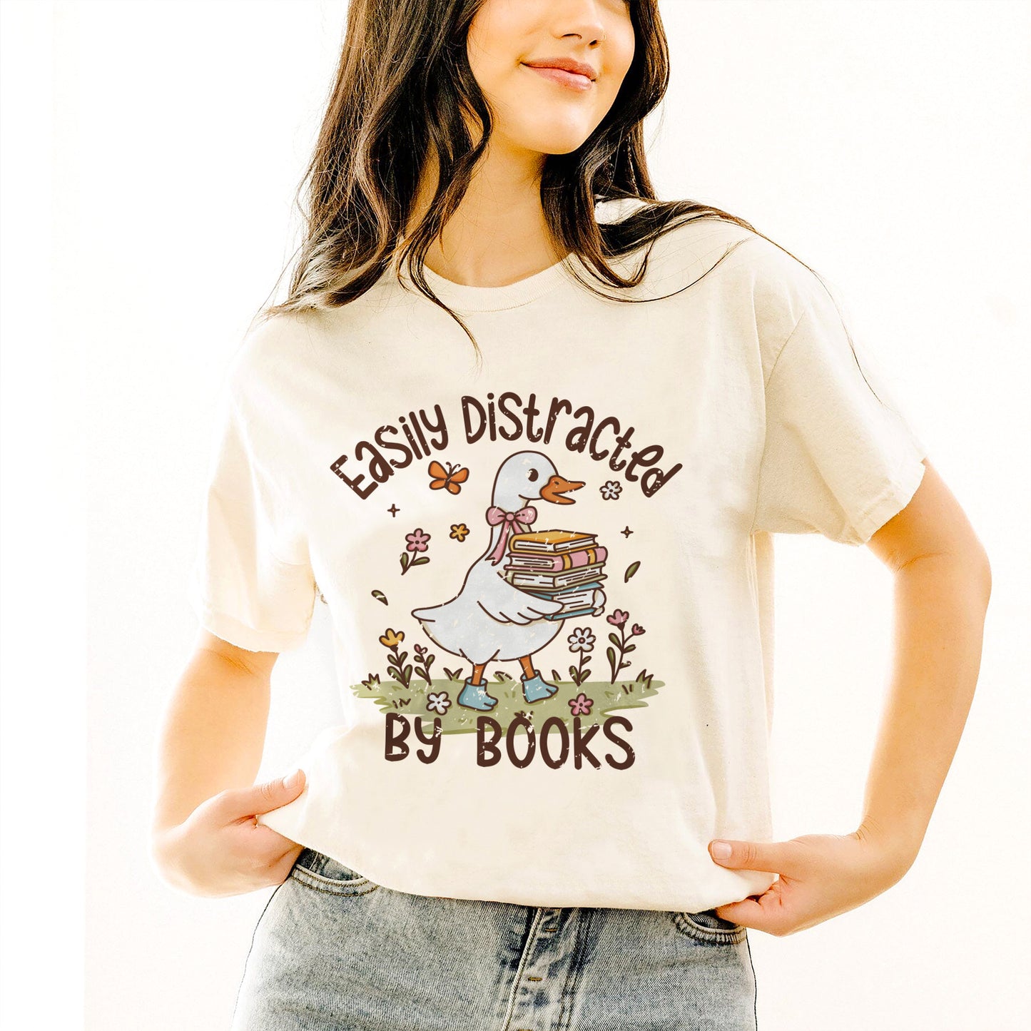 Funny Retro Duck Meme Tee - Easily Distracted By Books Shirt – Natural – Up To 5XL