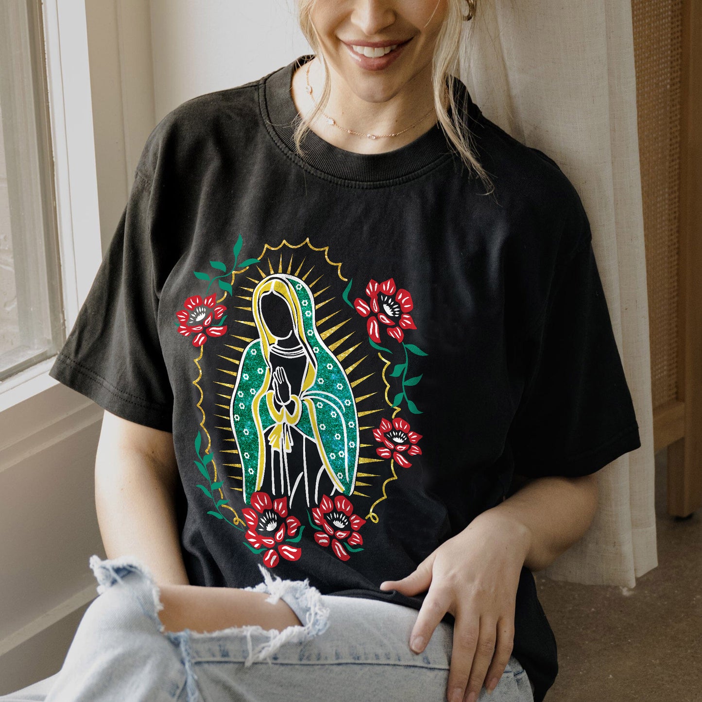 Catholic Religious Shirt – Virgen de Guadalupe – Hispanic Christian Faith Tee – Black – Up To 5XL