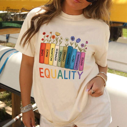 LGBTQ Pride Shirt – Equality Books Peace Love Compassion Tee – Book Lover Tee – Natural – Up To 5XL