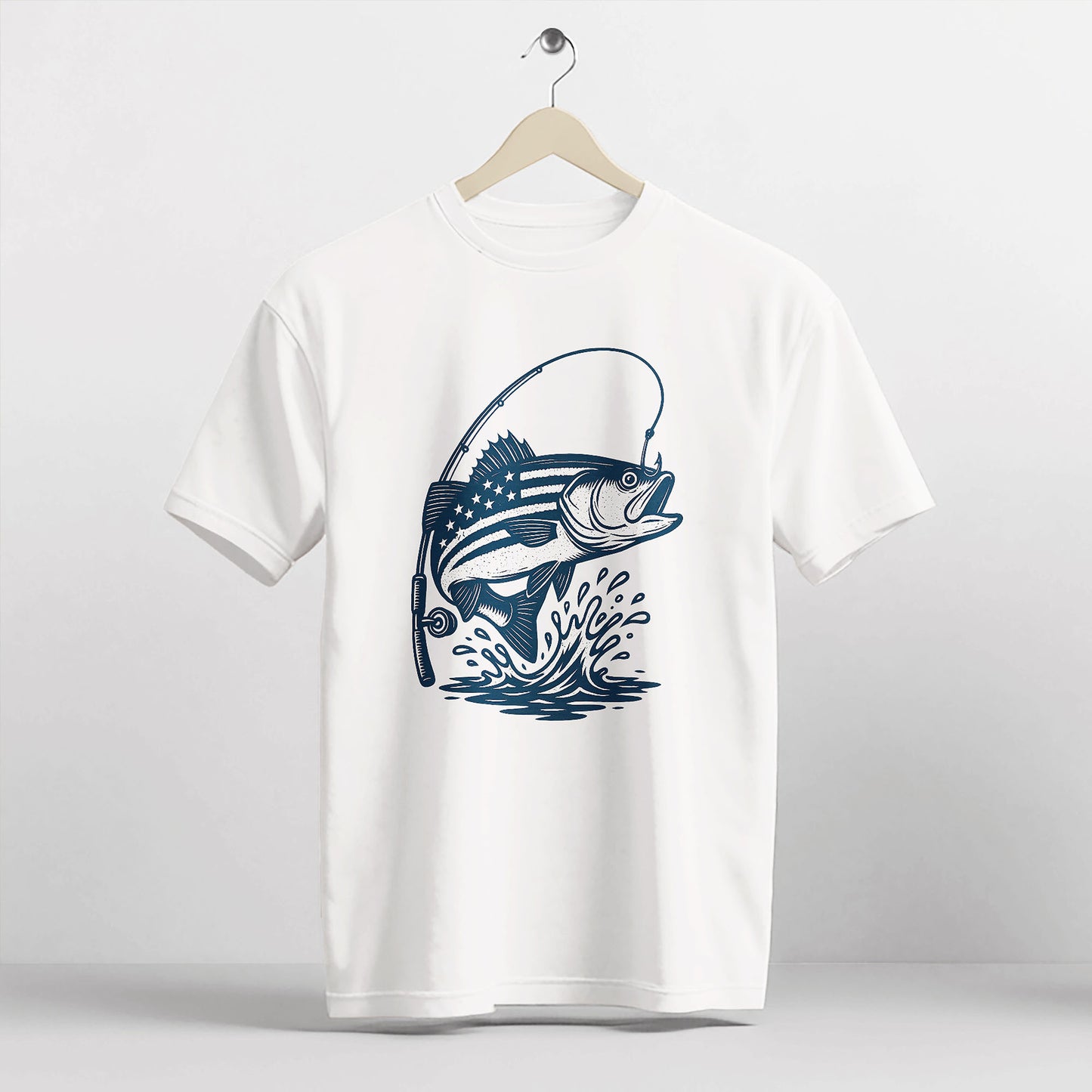 USA Flag Bass Fishing Shirt – Patriotic Angler Tee – American Flag Fisherman Graphic – White – Up To 5XL