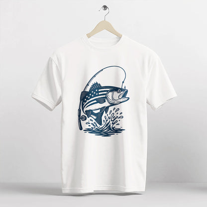 USA Flag Bass Fishing Shirt – Patriotic Angler Tee – American Flag Fisherman Graphic – White – Up To 5XL