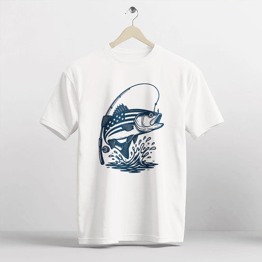 USA Flag Bass Fishing Shirt – Patriotic Angler Tee – American Flag Fisherman Graphic – White – Up To 5XL