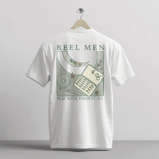 Vintage Reel Men Play With The Flies Shirt – Funny Fly Fishing Tee – Fisherman Humor Gift – White – Up To 5XL