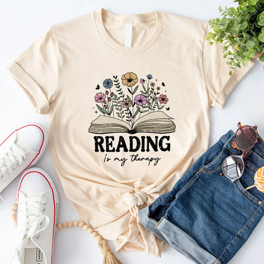 Book Lover Shirt – Reading Is My Therapy Book Flowers Tee – Funny Reader Gift – Natural – Up To 5XL