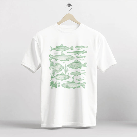 Fishing Tee – Freshwater Fishes Species Guide Shirt – Angler Graphic Educational Shirt – White – Up To 5XL
