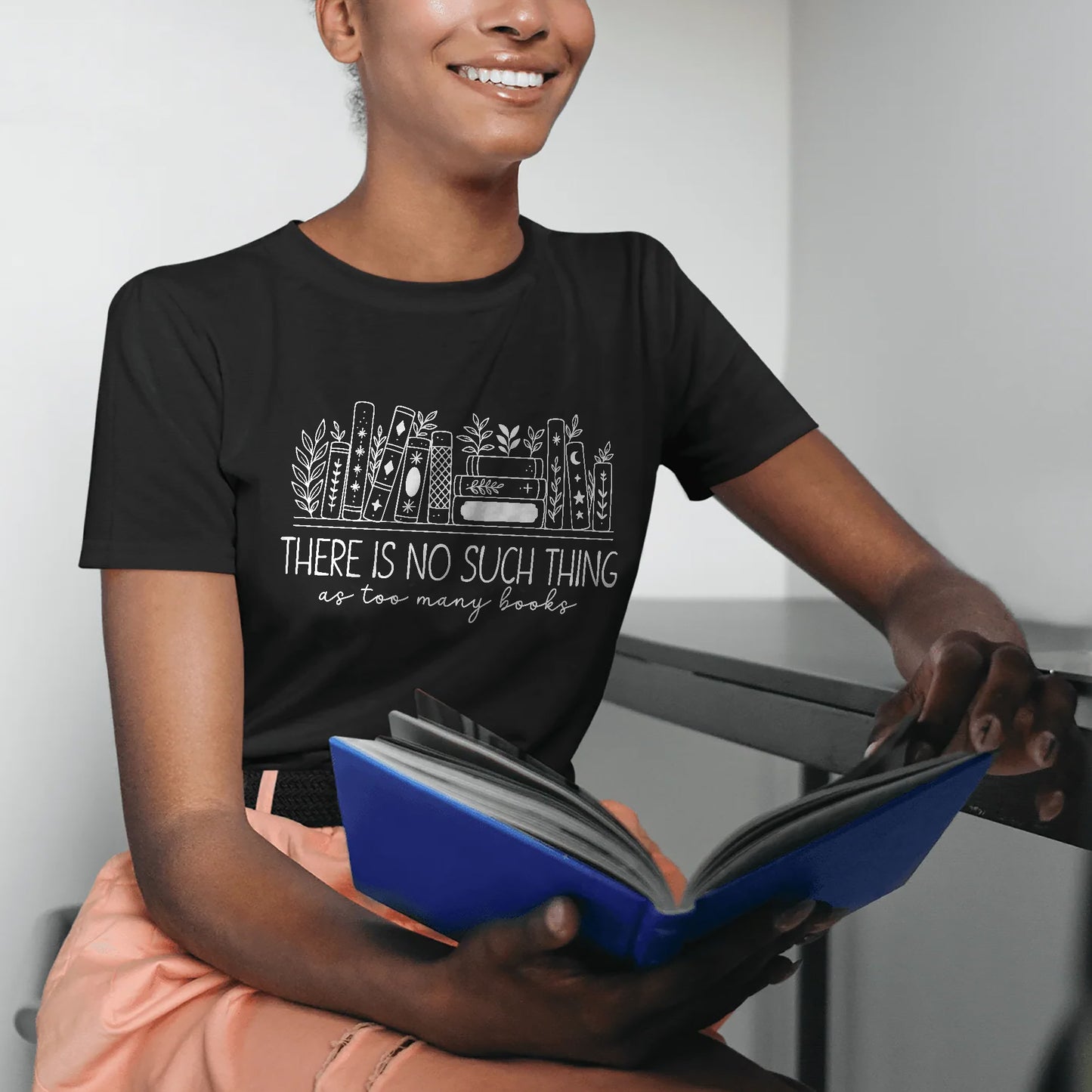 Funny Floral Book Lovers Tee – Too Many Books Shirt – Black – Up To 5XL